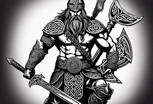 full body shot of a Celtic warrior with weapons unsheathed tattoo idea