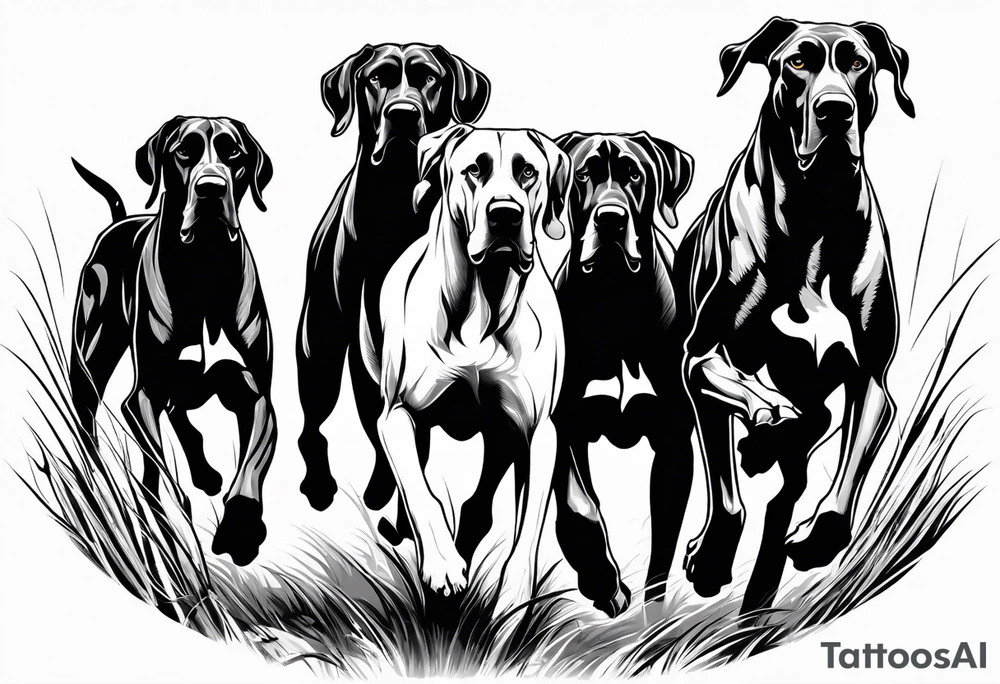 full arm sleeve on guy with (4) Four Great Dane floppy ear dogs running together in the field tattoo idea