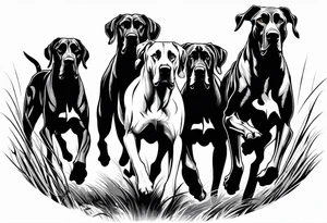 full arm sleeve on guy with (4) Four Great Dane floppy ear dogs running together in the field tattoo idea