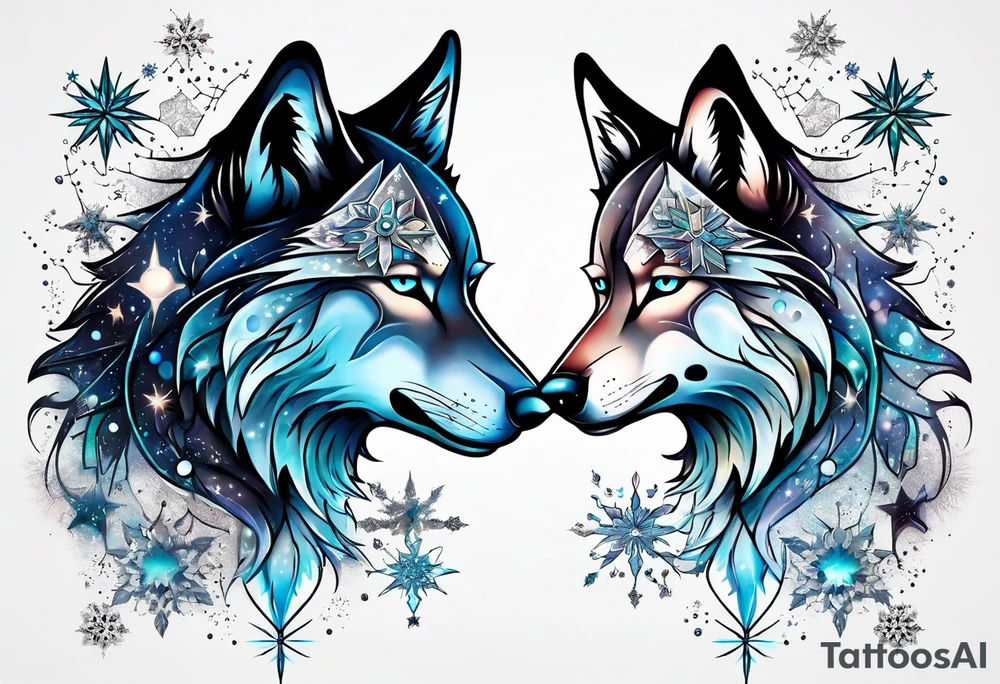 Constellation, two animal alien wolf, snowflake tattoo idea