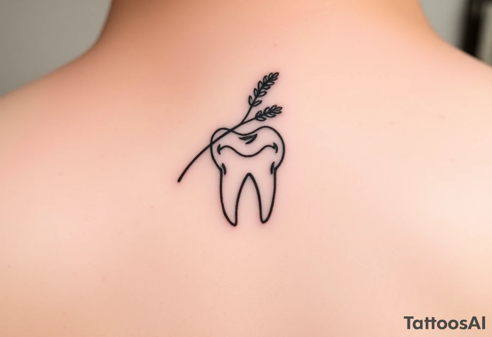 Fine-line molar tooth with a single delicate wildflower stem (like lavender or baby’s breath) leaning across it, soft dot-work shading, very light and airy, small behind-ear tattoo.” tattoo idea