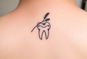 Fine-line molar tooth with a single delicate wildflower stem (like lavender or baby’s breath) leaning across it, soft dot-work shading, very light and airy, small behind-ear tattoo.” tattoo idea