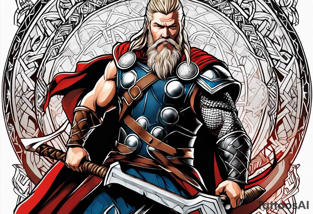 Thor with viking runes in the background as a vignette tattoo idea