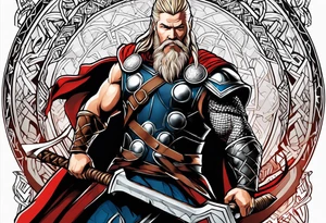 Thor with viking runes in the background as a vignette tattoo idea
