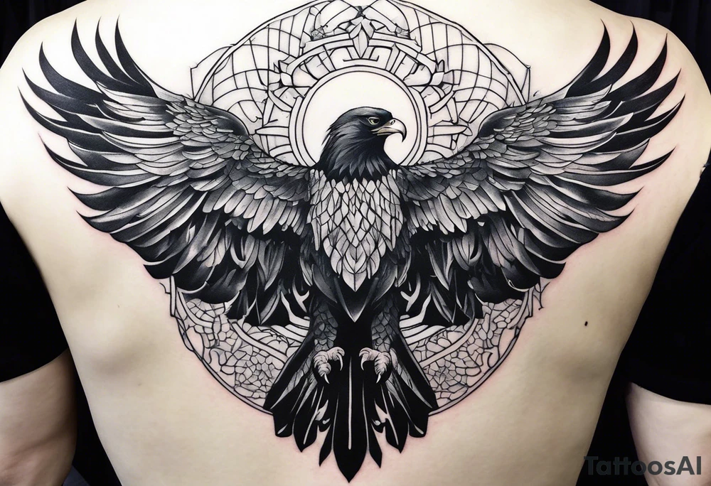 Full back tattoo ancient pine Forrest and giant black eagle tattoo idea Full back tattoo ancient pine Forrest and giant black eagle tattoo idea
