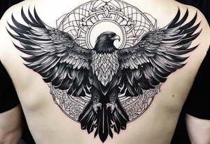 Full back tattoo ancient pine Forrest and giant black eagle tattoo idea