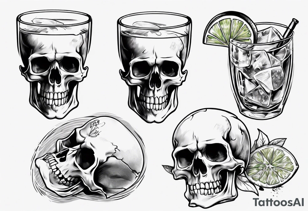 A smiling looking to the left scull inside the glass with alcohol and piece of lime tattoo idea