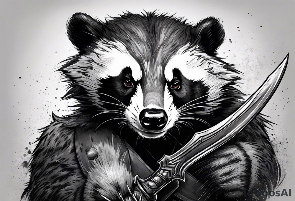Draw me badger/wolverine with aggressive full body show, killer face with cute smile, very long nails and he attacks like a Turkish gladiator to enemy and also he has very deadly looking. The only weapon is his braveness he fights with his nails. tattoo idea