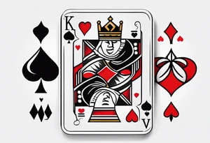 one combined tatto in minimalistic style with icon style three king of spades and icon style one queen of hearts. extreme minimalstic and few lines. much more minimalistic and fewer lines tattoo idea