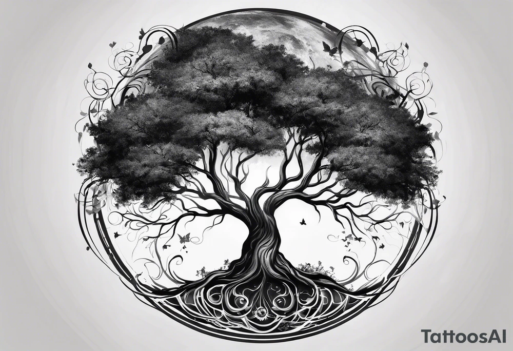 circle of life tree
the roots of the tree wrapped around a planet
the planet is below the tree
the roots of the tree are wrapped around the planet tattoo idea