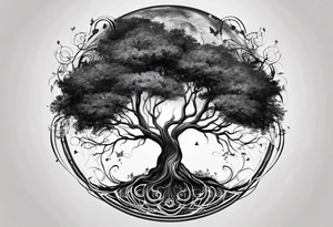 circle of life tree
the roots of the tree wrapped around a planet
the planet is below the tree
the roots of the tree are wrapped around the planet tattoo idea