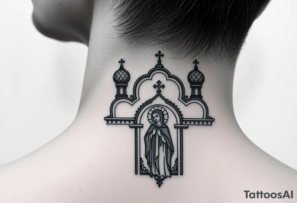 medium sized Russian orthodox church with bulb domes with a prominent russian orthodox mosaic virgin mary tattoo idea