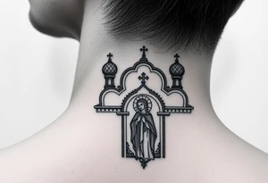 medium sized Russian orthodox church with bulb domes with a prominent russian orthodox mosaic virgin mary tattoo idea