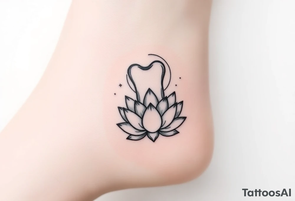 Small molar tooth outlined in thin black lines, floating above an open lotus flower with a crescent moon rising behind it and faint stardust around.” tattoo idea