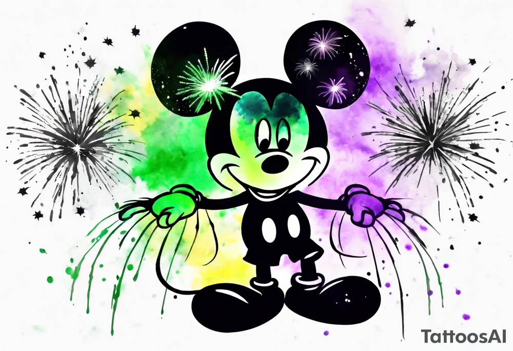 Mickey head in black and white with watercolor fireworks behind in green purple and yellow. tattoo idea
