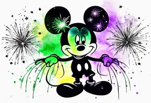 Mickey head in black and white with watercolor fireworks behind in green purple and yellow. tattoo idea