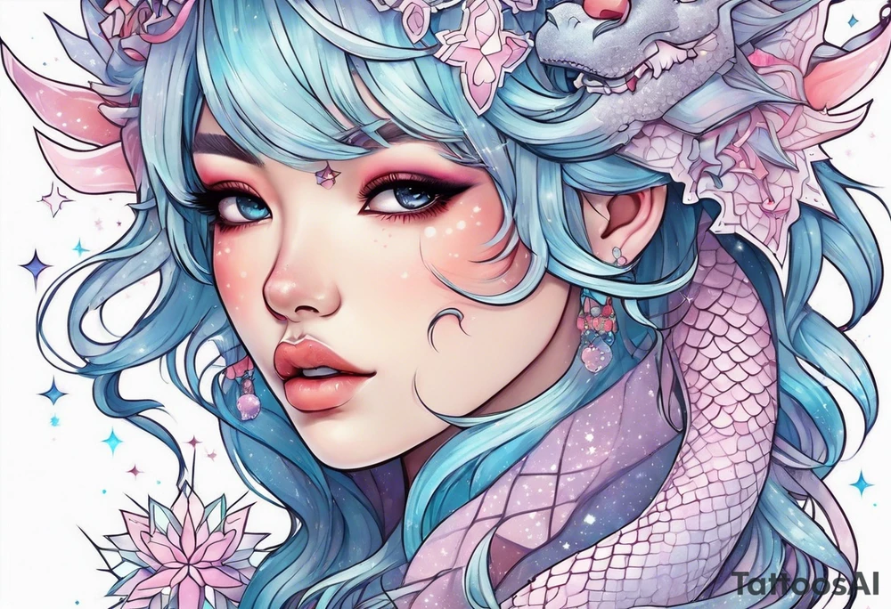 Constellation, kawaii dragon girl , snowflake tattoo idea