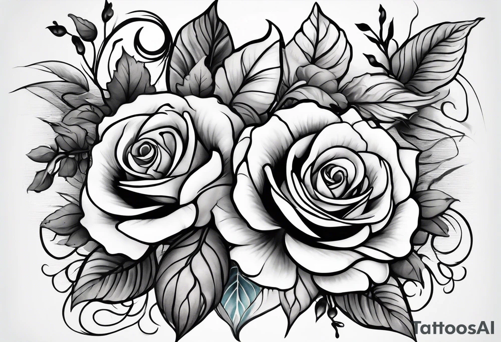 Front knee tattoo with fall colors, small flowers, rose, leaves, blue water flows with washes and background tattoo idea