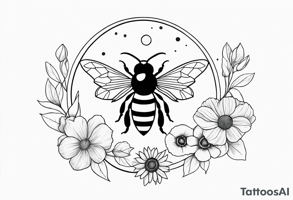 Bee, moon phases, flowers, fine line tattoo idea