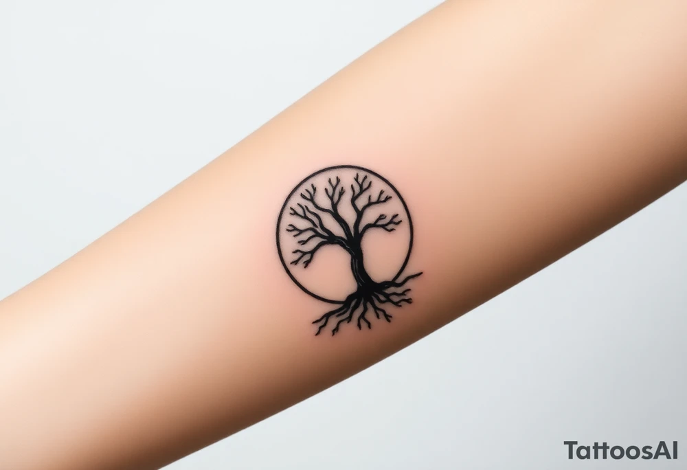 Tree inside of sun, spiral circle line moving roots to the right tattoo idea