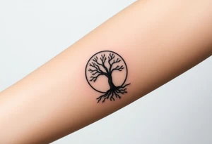 Tree inside of sun, spiral circle line moving roots to the right tattoo idea