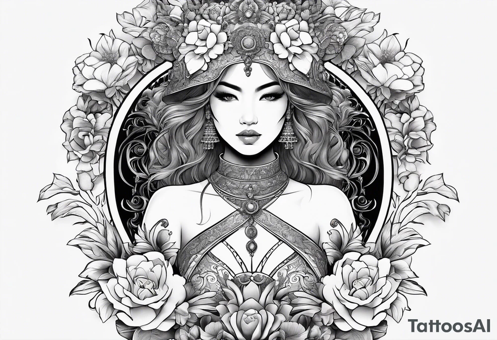 ornate beautiful woman warrior with weapon & floral arch background tattoo from head to torso tattoo idea
