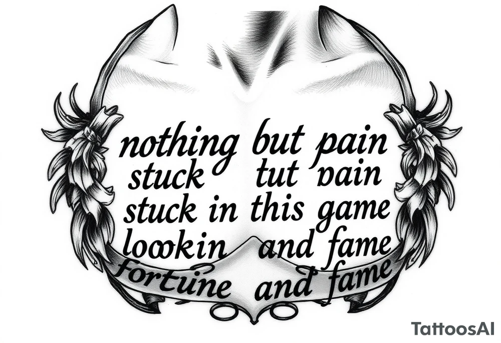 Gangster tattoo with the text” nothing but pain stuck in this game lookin for Fortune and fame” tattoo idea