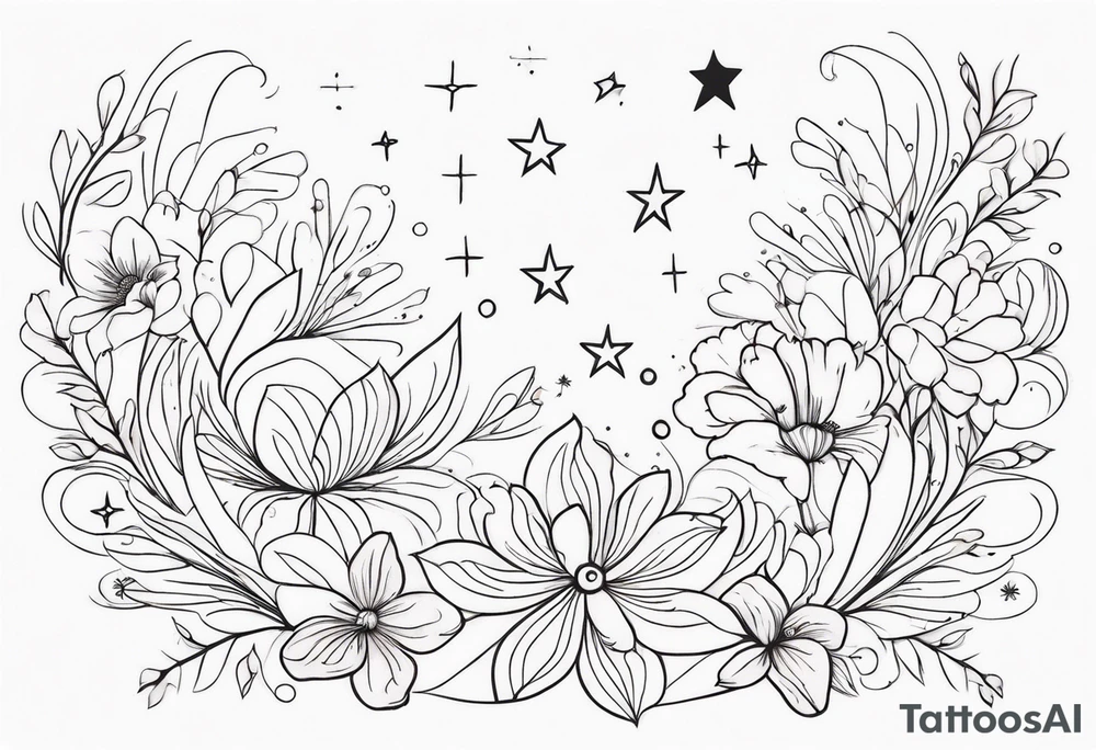 fine line different floral with stars, swirls, dots tattoo idea