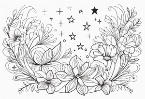 fine line different floral with stars, swirls, dots tattoo idea