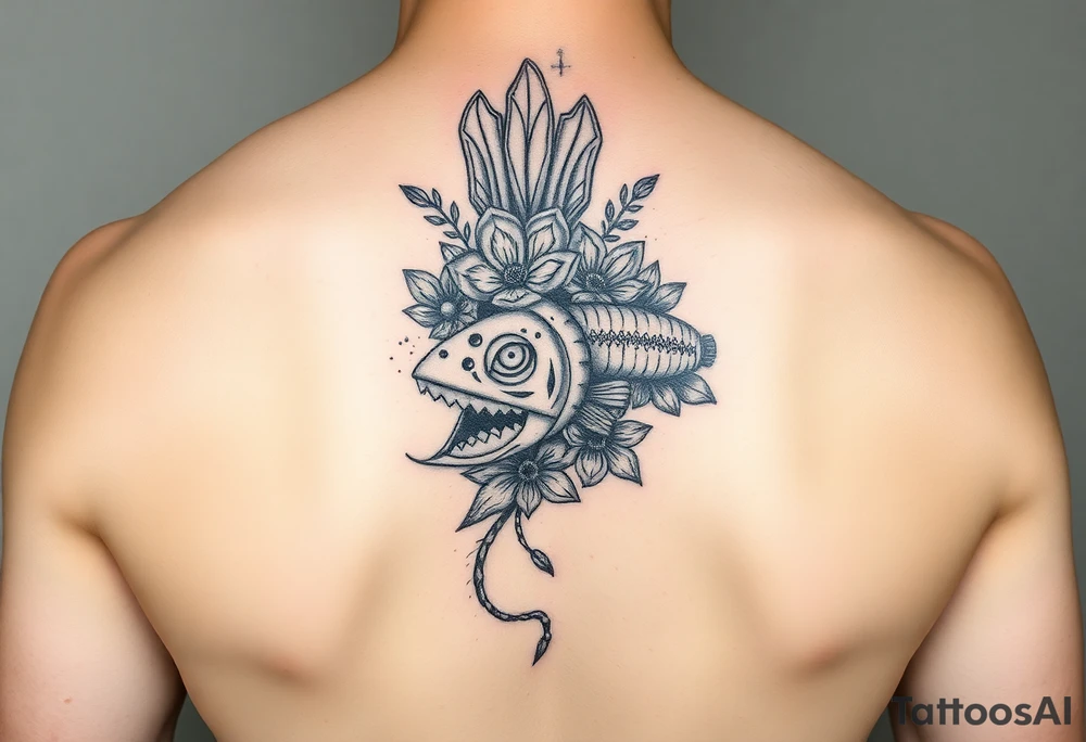 Tiki, Blumen, Wellen, Tintenfisch, Schildkröte, #299 (Klein), schwarz, old school tattoo idea