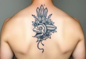 Tiki, Blumen, Wellen, Tintenfisch, Schildkröte, #299 (Klein), schwarz, old school tattoo idea