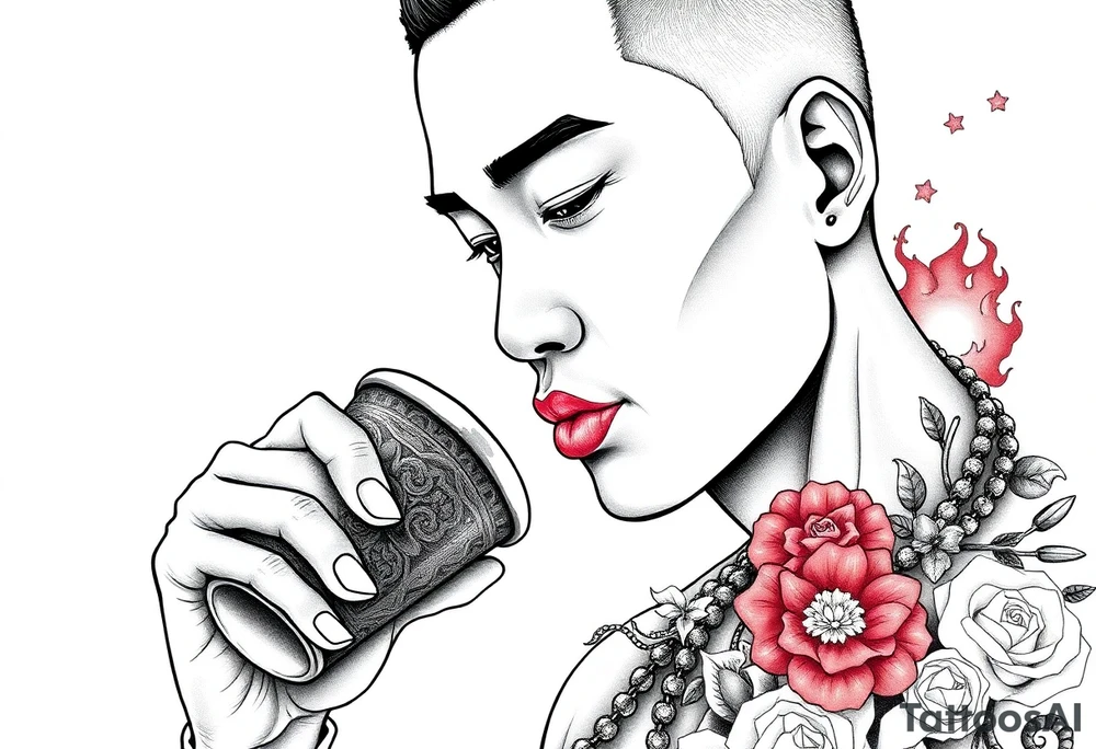 Handsome Asian young guy is drinking from ancient cup tattoo idea