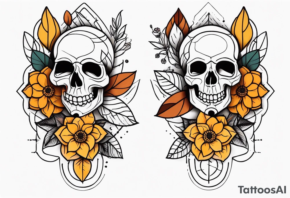 Knee tattoo with fall colors, flowers, skulls and geometric shapes. tattoo idea