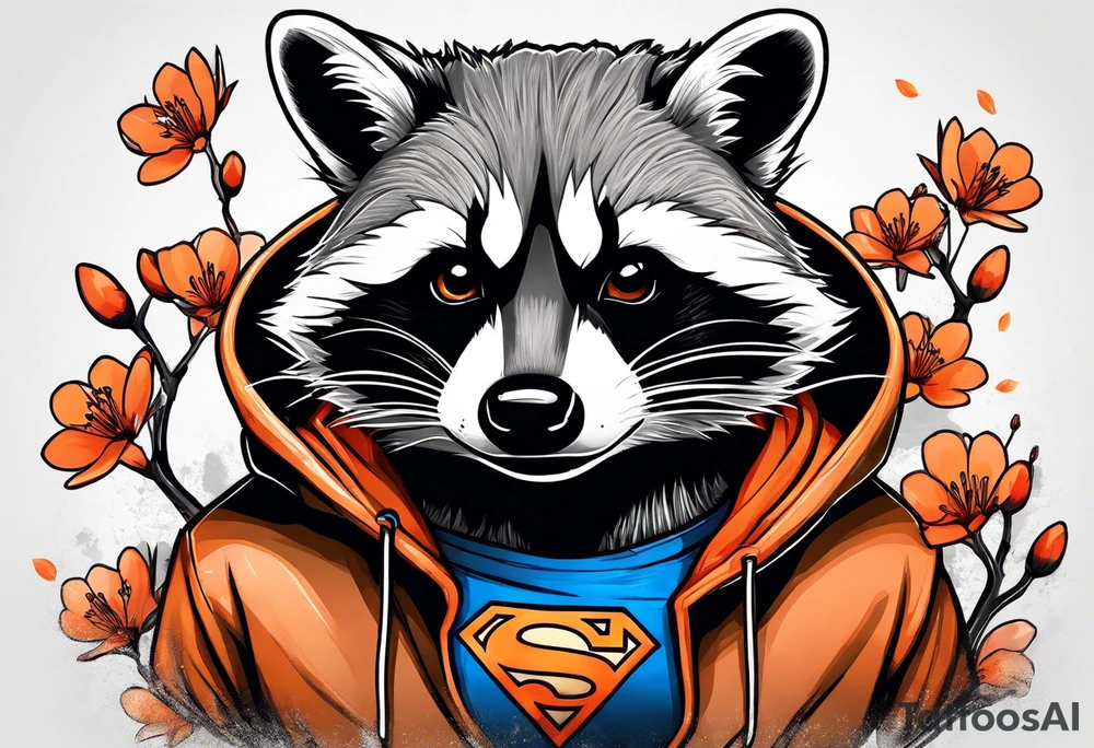 raccoon wearing a black and white Superman hoodie and orange Japanese cherry blossoms tattoo idea