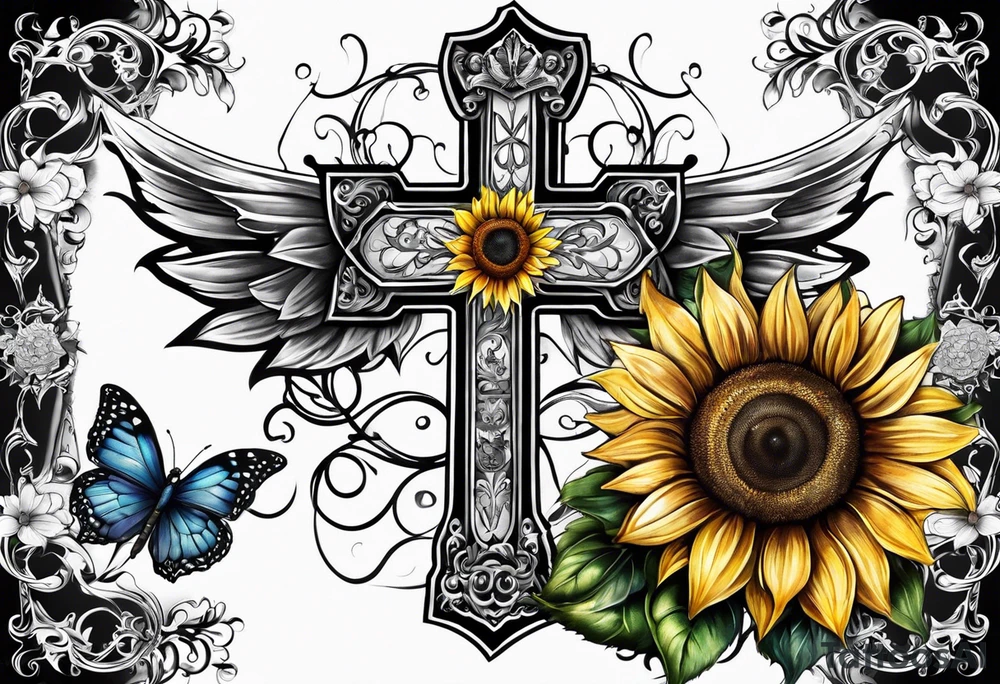 Winged cross with sunflower and butterflies tattoo idea