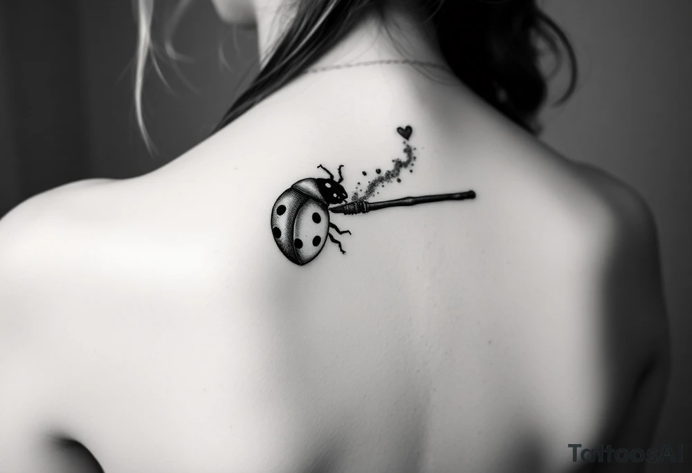 A ladybug getting out of hermione's magic wand like it was a spell. Magic dust all around it that looks almost like smoke. I also want some details around it that would make a piggyback on harry potter's movie tattoo idea
