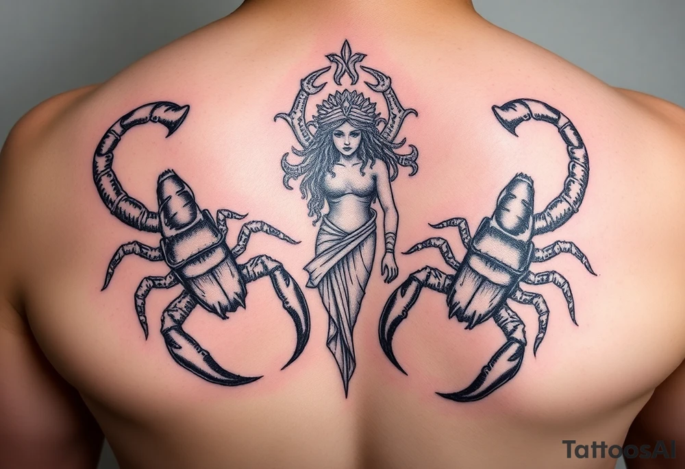 powerful majestic scorpions next to the figure of Themis tattoo idea
