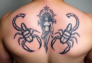 powerful majestic scorpions next to the figure of Themis tattoo idea