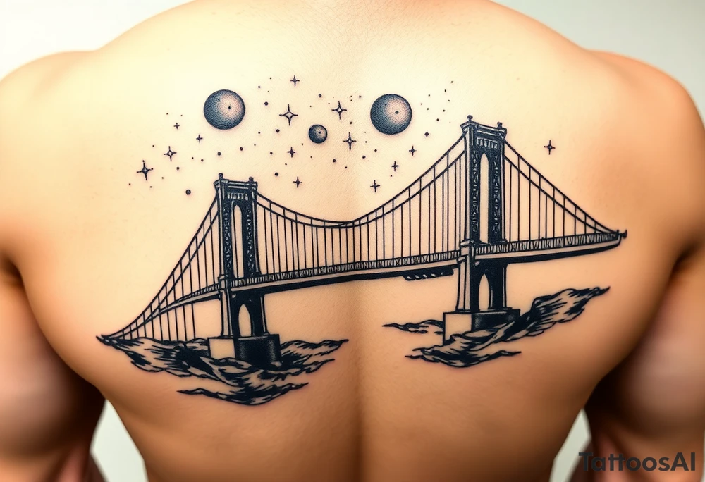 Create a tattoo of the brooklyn bridge 
Have a galaxy in the sky with planets and stars add color tattoo idea