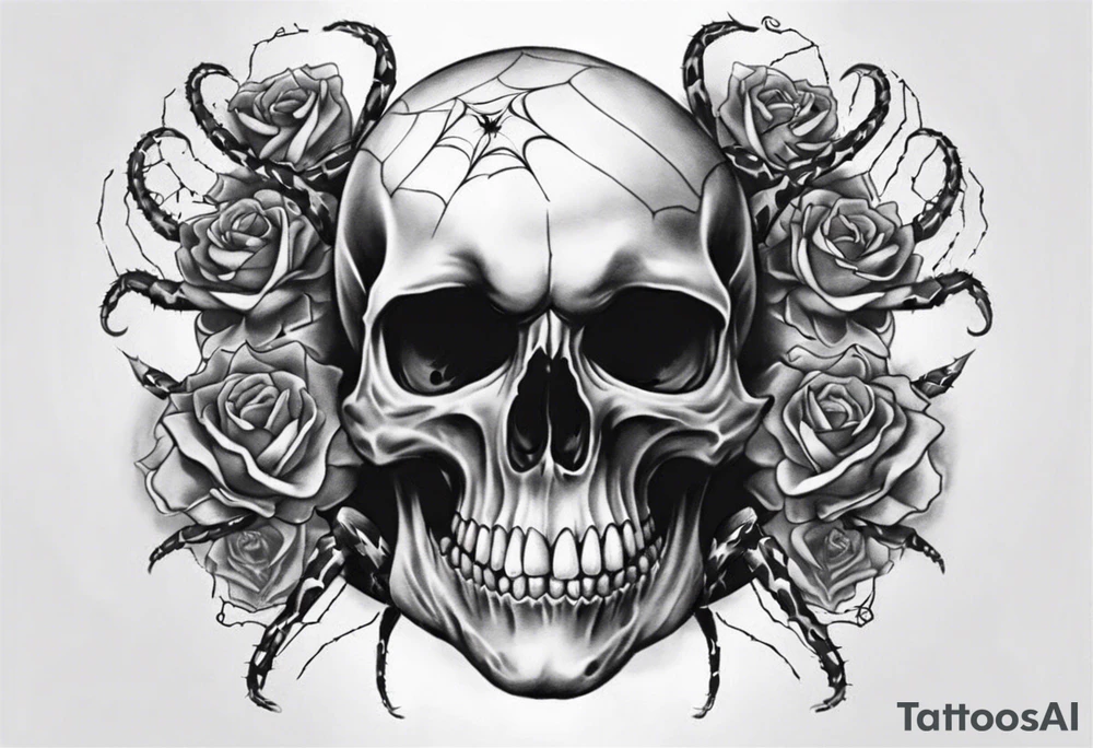 Black skull sleeve tattoo with spiders and snake tattoo idea