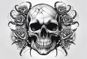 Black skull sleeve tattoo with spiders and snake tattoo idea
