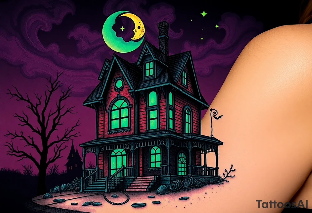 Tim Burton’s haunted victorian home is abandoned and dripping with muted reds, dusty pinks, and eerie green glow.purple and cyan smokey clouds swirl in the crescent moonlit sky thats sprinkled with stars tattoo idea tattoo idea