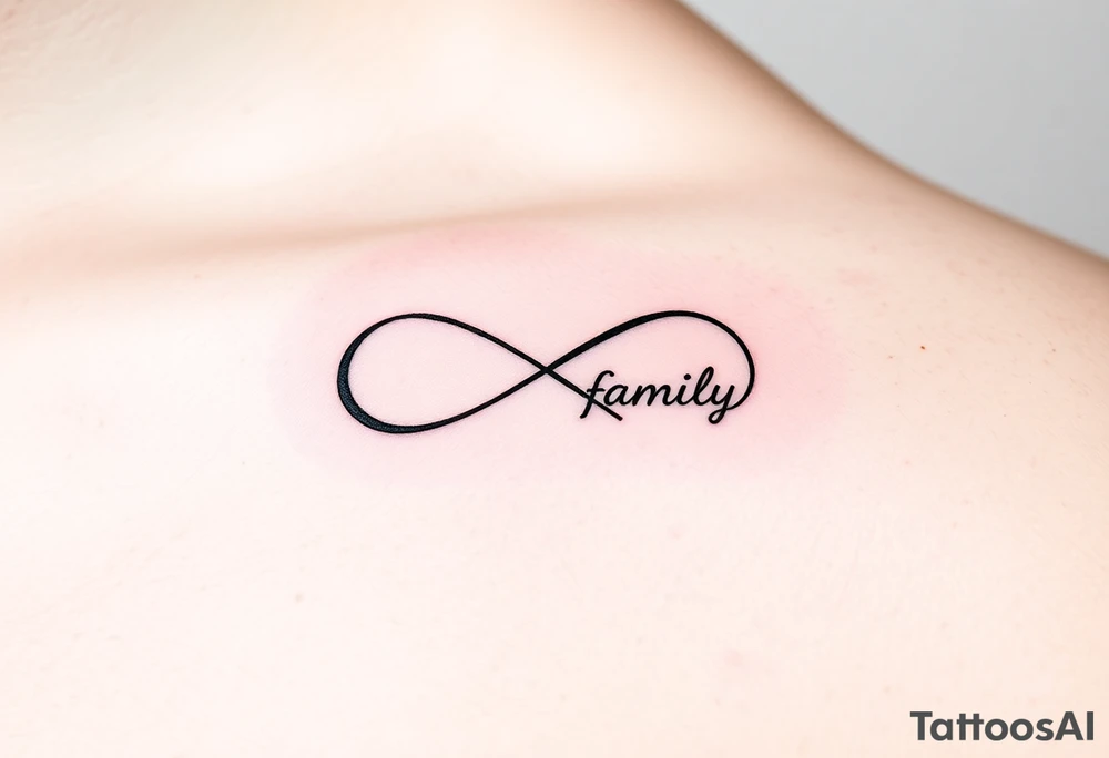 A minimalist infinity symbol composed of thin, intersecting lines, with the word "family" subtly incorporated along the curve in a contemporary font tattoo idea