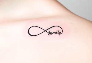 A minimalist infinity symbol composed of thin, intersecting lines, with the word "family" subtly incorporated along the curve in a contemporary font tattoo idea