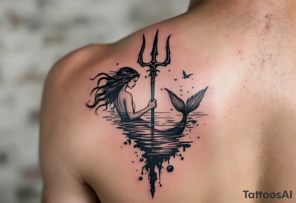 trident half way under calm water with mermaid tattoo idea