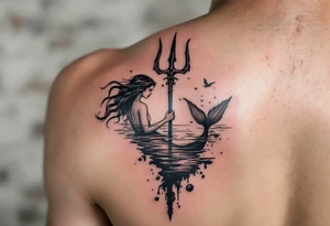 trident half way under calm water with mermaid tattoo idea