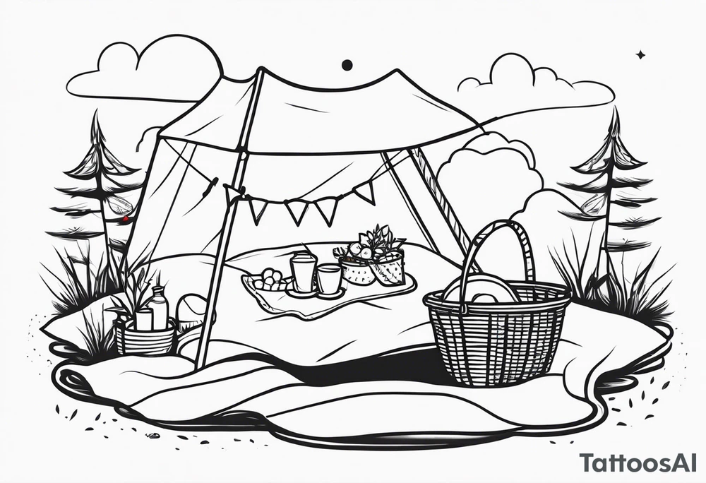 Very light and minimalstic picnic scene in nature. A blanket, picnic-basket with lid, pillows and pennants. Thin lines. tattoo idea