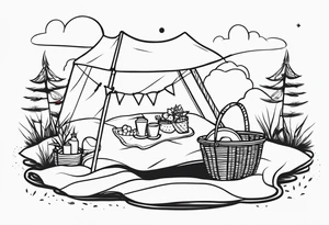 Very light and minimalstic picnic scene in nature. A blanket, picnic-basket with lid, pillows and pennants. Thin lines. tattoo idea