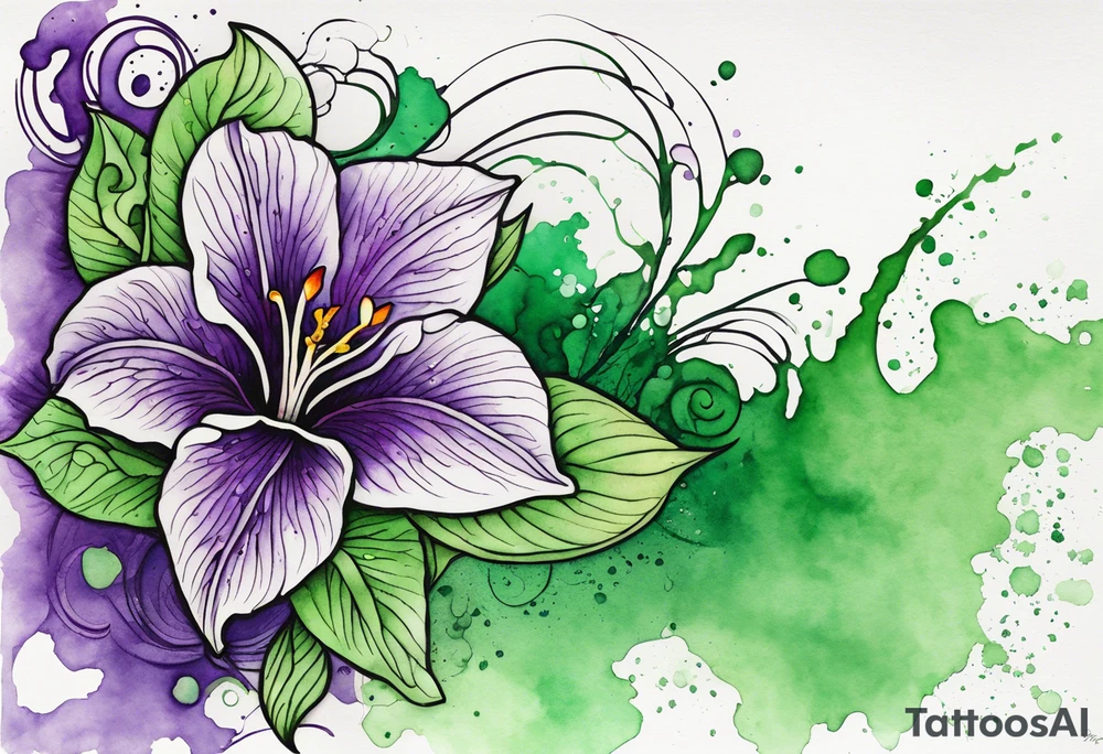 A mystical outline of a dipladenia flower and a green/purple watercolor splatter in the background to make the flower mainly green with purple highlights tattoo idea