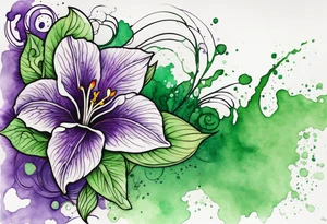 A mystical outline of a dipladenia flower and a green/purple watercolor splatter in the background to make the flower mainly green with purple highlights tattoo idea